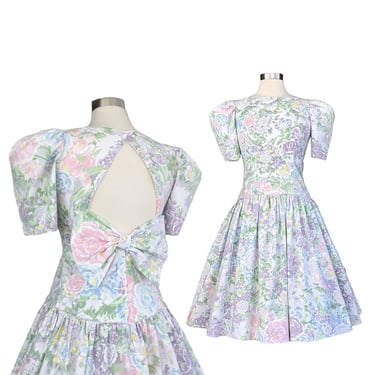Vintage Pastel Floral Dress, 1980s Puffy Sleeve Cotton Gown, Drop Waist Party Dress 