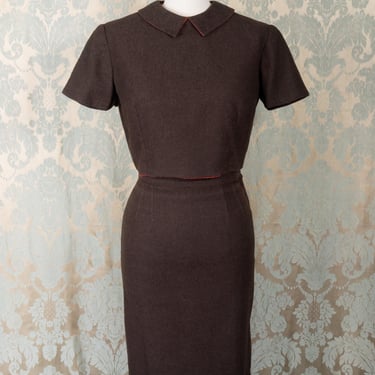 1950s Custom Brown Wool Set with Button Back and Bronze/Orange Taffeta Lining 