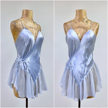 Vintage 1970s Blue Satin Teddy, Sexy Deep V-Neck Step-In with Sheer Ruffled Skirt, Medium to Large 