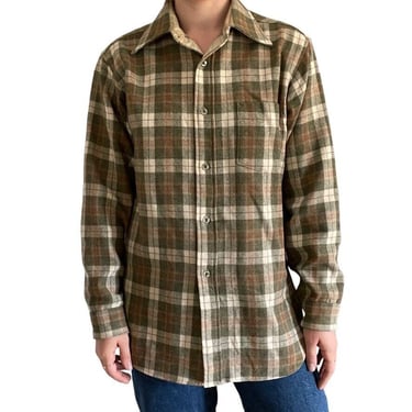 Vintage 1970s Mens Pendleton Brown Green Plaid 100% Wool Button Down Shirt M 