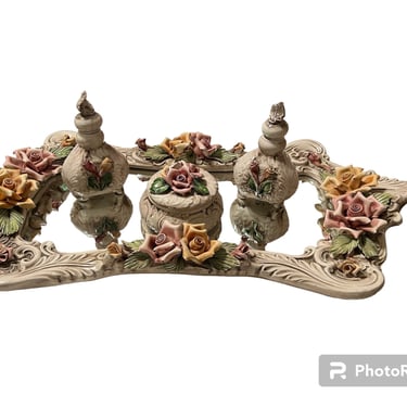 Beautiful vintage Capodimonte vanity tray with perfume bottles and powder bowl 