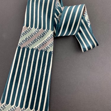 1940's-50's Wide Vintage Tie - Long Thin Lines with Swirly Squiggles - in Deep Emerald Green, Gray, Pale Green on Cream 