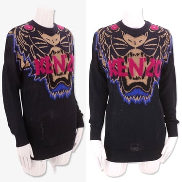 KENZO logo print sweater sz S / vintage Kenzo Paris black Angora knit lion sweater top 