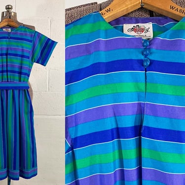 Vintage Lanz Original Dress Blue Green Stripes Tie Waist Mod Striped XXS XS 1970s 