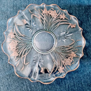 Vintage Floral  Silver Overlay scalloped Plate 