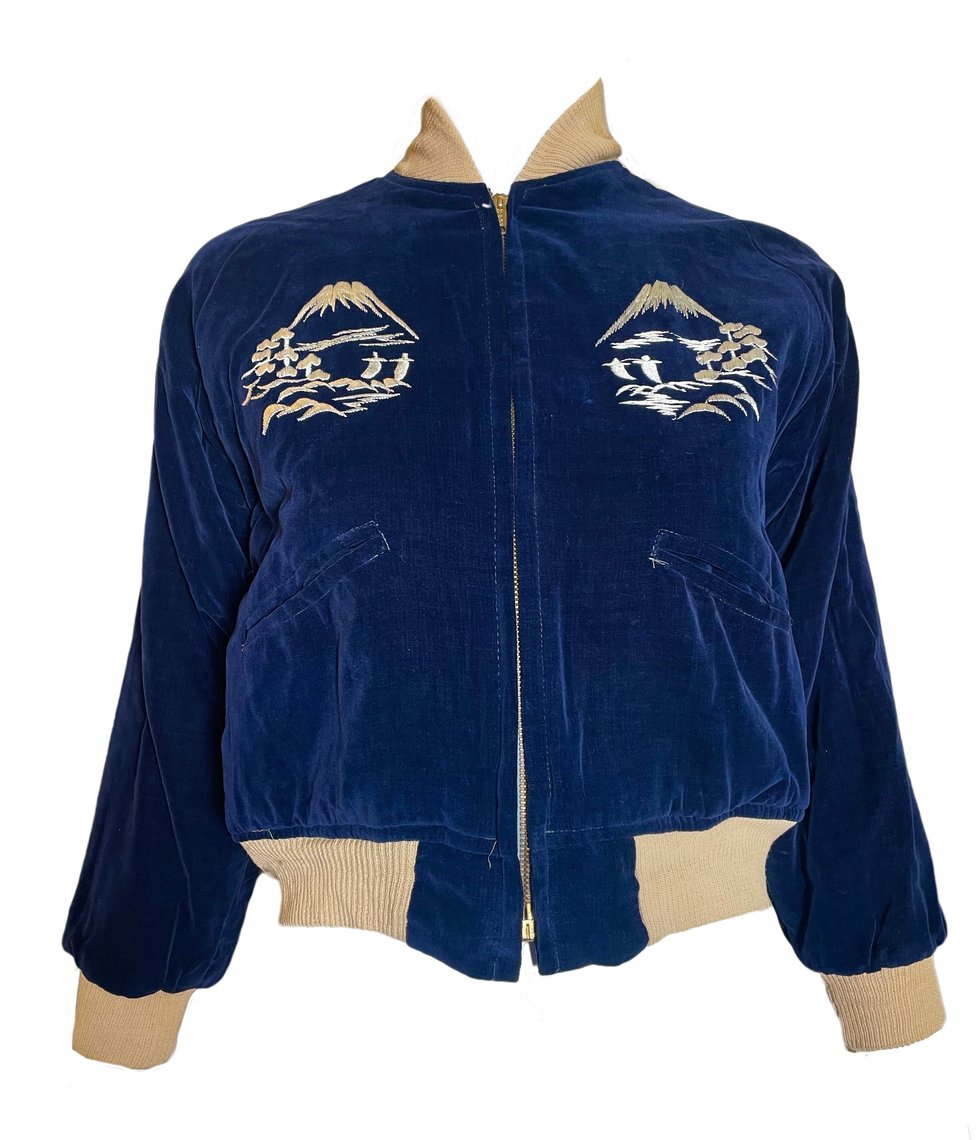 Vintage 50s Souvenir Jacket - Red Velvet & Blue Satin
