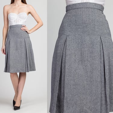 70s Herringbone Pleated Wool Skirt - Extra Small, 24" | Vintage Blue White High Waist Preppy Schoolgirl Midi Skirt 