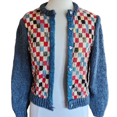 Vintage 70s Cardigan Quilt Patchwork Pattern Blue Knit Handmade 