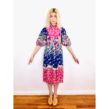 Vine Dress // vintage boho floral rayon sun midi hippie hippy pink 70s 1970s caftan kaftan // S Small 
