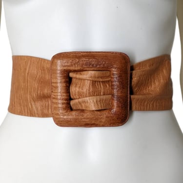 Vintage Wide Leather Belt, Medium / 1980s Womens Light Brown Cinch Belt / Tan Leather Big Buckle Belt / Textured Leather Dress Belt 