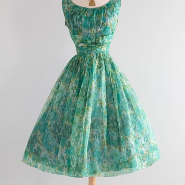 Stunning 1950's Emerald Watercolor Silk Organza Party Dress With Jacket / M