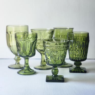 Mismatched vintage green glass goblets set of six 