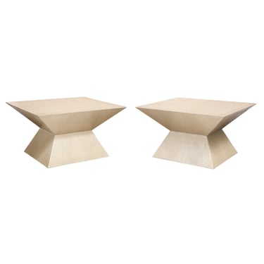 Karl Springer Pair of "Zig Zag Coffee Tables" in Embossed Lizard Leather 1980s