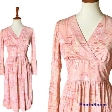 Vintage handmade pink long sleeve dress with oriental print size small 