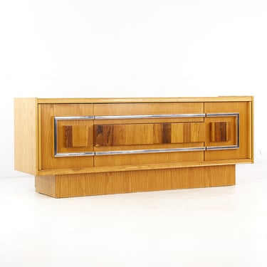 Milo Baughman Style Brutalist Mid Century Oak and Chrome Lowboy Dresser - mcm 