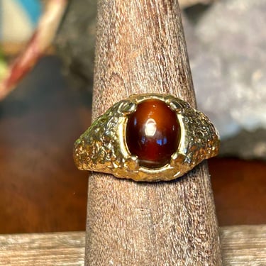 Vintage 18k Yellow Gold Plated Ring Brown Polished Stone HGE Retro Mens Jewelry Gift 