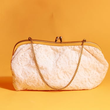 70s Beige Lace Clutch Handle Purse Vintage Lacey Gold Hardware Chain Purse 