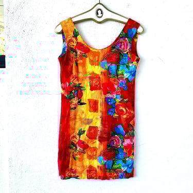 Vintage 90s Jams World Dress 1990s Hawaiian Bright Floral Tank Mini Dress 
