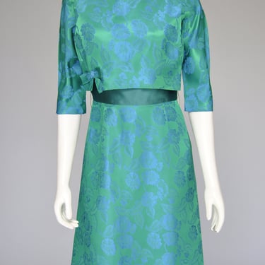 1960s green blue floral satin brocade party dress S 