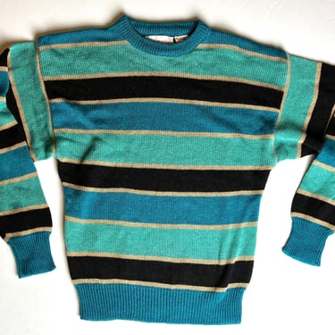 Vintage 1970s Women’s Striped Pullover Sweater with Gold Metallic Thread -Size Medium 