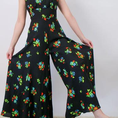 1970s Black Green and Orange Floral Polyester Palazzo Pant Jumpsuit