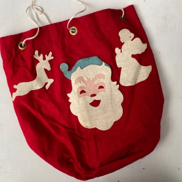 Vintage Santa Drawstring Bag, Ditty Bag, Hanging Bag, Christmas Decor, Flannel Pouch 