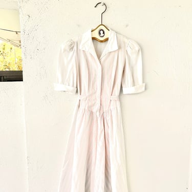 Vintage 80s does 50s Striped Shirtdress Collared White Apron Dress 