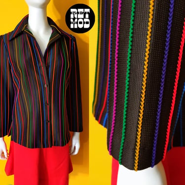 Groovy Vintage 70s Rainbow Stripe Brown Collared Button Down Shirt 