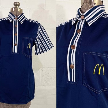 Vintage McDonald’s Uniform Polo Shirt 1976 Crest 1970s Navy Blue White Fast Food Restaurant Dead Stock NOS Deadstock 70s Medium Small 