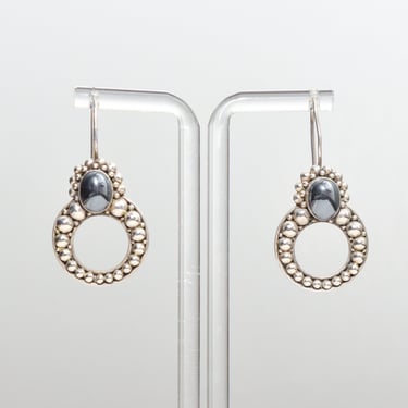 Modernist Sterling Silver Hematite Dangle Earrings, Metallic Design, Estate Jewelry, 1 3/4