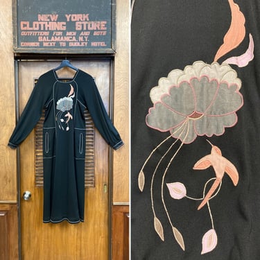 Vintage 1960’s Black Floral Hummingbird Jersey Dress, 