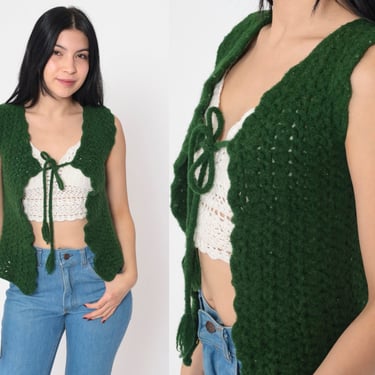 70s Crochet Vest Dark Green Knit Tank Top Open Tie Front Hippie Boho Bohemian Sleeveless Sweater Acrylic Vintage 1970s Extra Small xs 