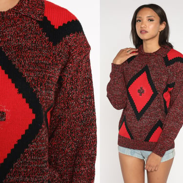 80s Metallic Sweater Red Geometric Knit Pullover Space Dye Jacquard Diamond Print Black Slouchy Collared 1980s Retro Vintage Jumper Small S 
