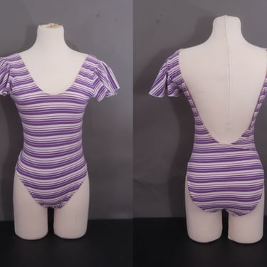 80s Purple Striped Leotard | Scoop Neck, Low Back, Flutter Cap Sleeves | Stevi Brooks, Beverly Hills | Size Medium 