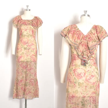 Vintage 1930s Dress / 30s Floral Cotton Ruffled Dress / Pink ( XS extra small ) 
