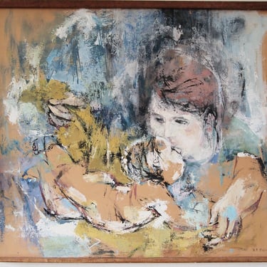 Original Vintage DIANA T. SOORIKIAN Surrealist PAINTING 36x30" Oil / Board Framed, Mother Child Baby Mid-Century Modern Art eames knoll era 