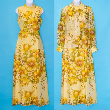 Vintage 1970s Goldenrod Floral Maxi Dress and Jacket Set | Small 
