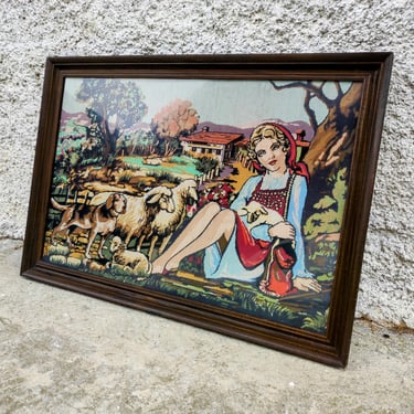 Vintage Framed Gobelin/ Framed Tapestry / Hand Embroidered Potrait Gobelin/Vintage Needlepoint / Embroidered Farmer Girl / Wall Decor/ 80s 