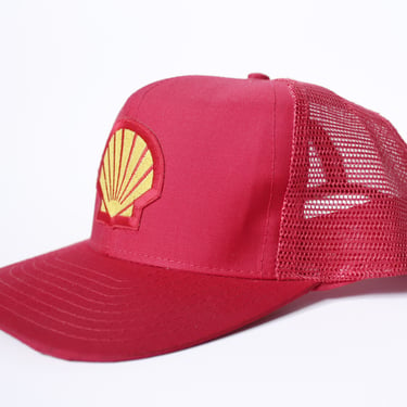 Vintage 80s Trucker Hat - Red Mesh Snap Back - Shell Logo 