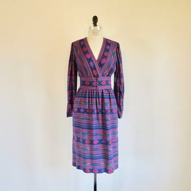 1970's Mollie Parnis Purple and Blue Indian Ikat Print Day Dress Faux Wrap Style Wide Belt Boho Hippie Fall Winter 28