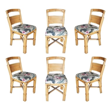 Restored Mid Century "Slat Back" Rattan Dining Side Chair, Set of Six in the Manner of Ritts 
