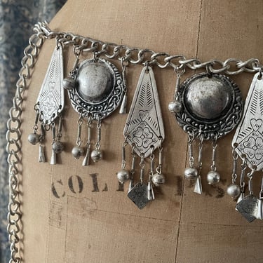 Vintage ‘70s heavy coin silver gypsy belt | boho aesthetic, belly dancing, charms & bells, OSFM 