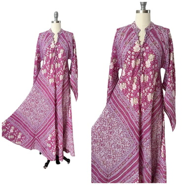70s Purple Adini Indian Cotton Dress / 1970s Vintage Sultana Caftan Boho Hippie Angel Wings Summer Dress / XS to Large 