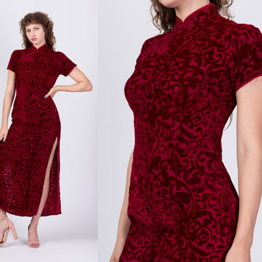 Vintage Red Velvet Burnout Cheongsam Dress, Deadstock - Medium | Chinese Silk Rayon Formal Maxi Side Slit Qipao 