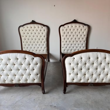 Pair of Vintage French Louis XV-Style Carved Wood Upholstered Twin Beds 