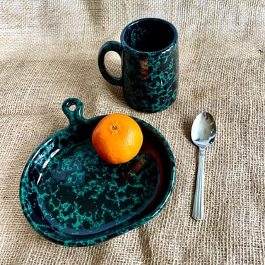 Bennington Potters Mug and Bistro Plate Set - Lunch Snack Tea, Green Agate, Splatterware, Vermont Studio Pottery, Gift for Dad Him Parent 