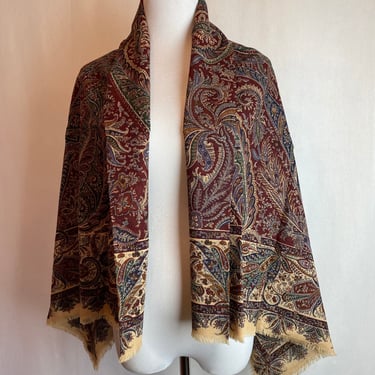 Beautiful Xlarge square vintage Italian wool shawl ~ colorful paisley design print fringe Piano shawl lama wool 
