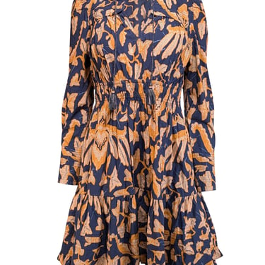 Ulla Johnson - Navy w/ Orange Floral Print Poplin Long Sleeve Dress Sz 2