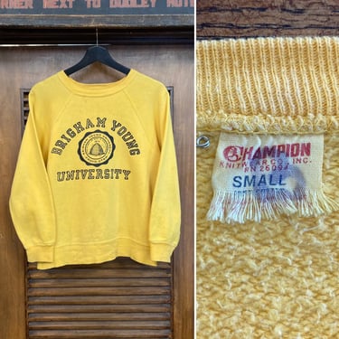 Vintage 1960’s “Champion” Label Brigham Young University Yellow Sweatshirt, 60’s Vintage Clothing 