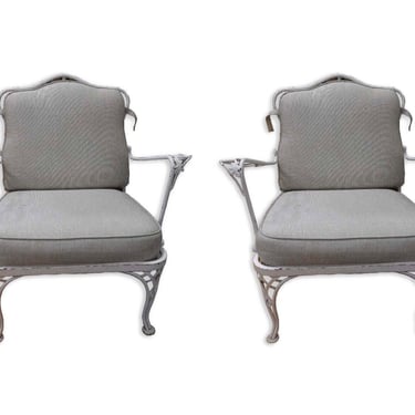 Pair of Large White Vintage Woodard Wrought Iron Arm Chairs Mid Century Modern 